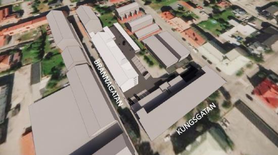 Bilden visar en skiss över var huskroppen kan placeras på HSB:s befintliga fastighet.