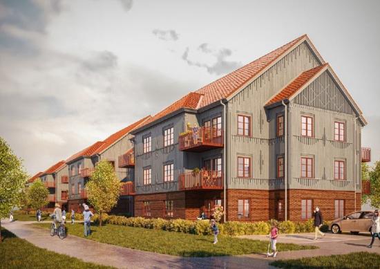 Arkitektskiss över bostäderna som ska byggas i Harplinge.