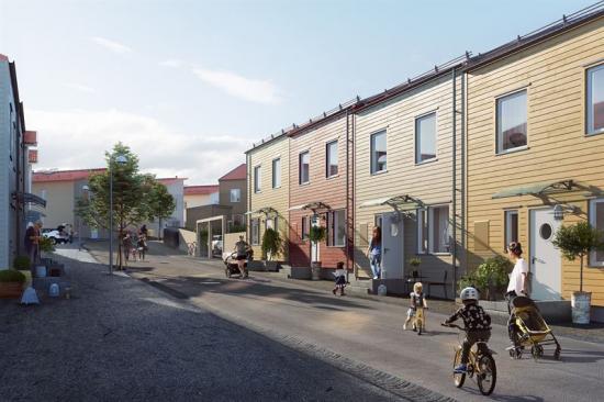 Visionsbild över radhusen i Brf Grindvakten (bilden är en illustration).