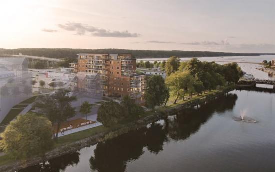 Visionsbild över Brf Skeppsklockan, som ska byggas på ön Sanden i Vänersborg (bilden är en illustration).