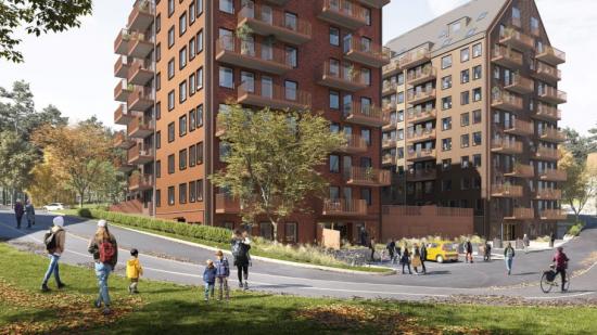 Kvarteret Skogsvaktaren i Mölnlycke Fabriker består av 128 lägenheter på 1 till 4 rum och kök. Här välkomnas nya hyresgäster till fastigheter med solhybrider på taket våren 2023 (bilden är en illustration).