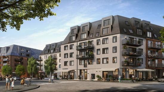 Det tredje och sista kvarteret i Knivstas nya centrum Segerdal består av 151 bostäder som väntas stå färdiga i slutet av 2025 (bilden är en illustration).