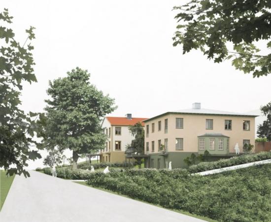 Brf Lyckoterrassen, vy från Trädgårdsvägen (bilden är en illustration).
