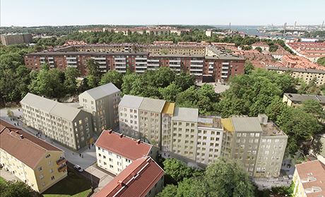 Illustrationsskiss över Wallenstams nybyggnation i &Aring;kersberga, &Ouml;steråker kommun som nu har byggstartat.