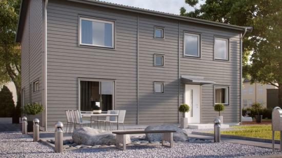 I Skölsta bygger OBOS Sverige bland annat flyttklara villor av Myresjöhus husmodell Smart 168 (bilden är en illustration).