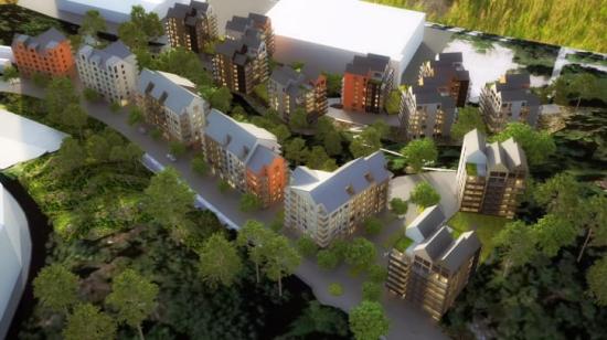 Bildvy från Harbrovägen. Huset närmast på illustrationen är det som troligen byggs först. Där finns plats för omkring 60 bostadsrätter med ett underbyggt garage.