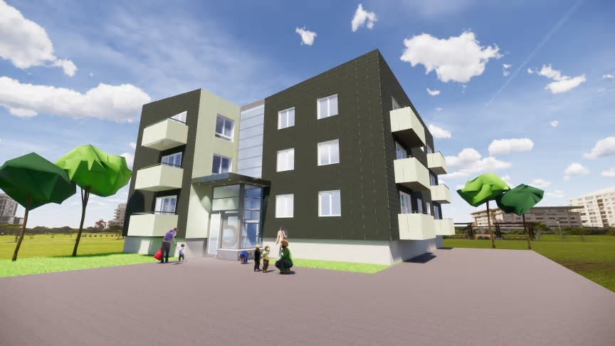 RO-Gruppen ska totalrenovera 72 lägenheter, samt bygga om entré, ny hiss, fönster- och takbyte samt ny fasadbeklädnad (bilden är en illustration).