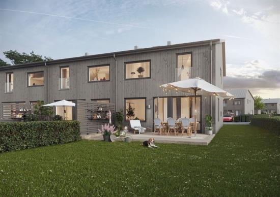 Visionsbild över radhusen som ska byggas i Ranagård, Halmstad (bilden är en illustration).
