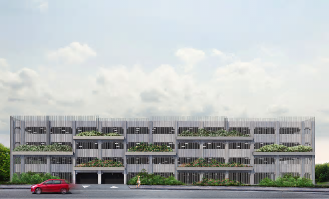 Midroc utvecklar ett nytt bostadsområde, Bulltofta Friluftsstad. Centralt i området uppförs ett parkeringshus.