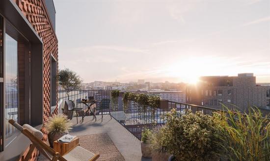 Fabriksparken är Aros Bostads första projekt som byggs för att Svanencertifieras (bilden är en illustration).