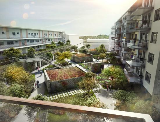 Illustration över hur utsikten över gården är tänkt att bli vid Riksbyggens stora bostadssatsning i Mölndal. Planerad inflyttning 2018-2019.