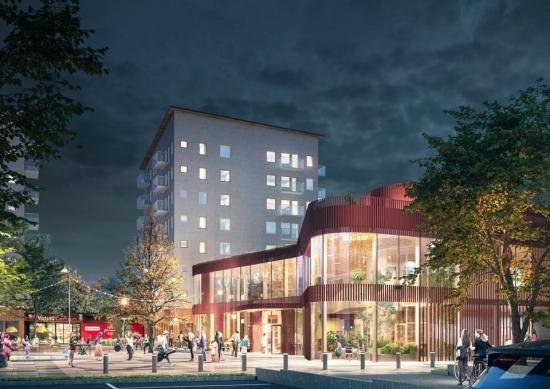 Det vinnande förslaget från White arkitekter AB. Skissen kommer att ligga till grund för hur Sigtuna kommuns kultur- och aktivitetscenter på Valsta torg ska se ut (bilden är en illustration).