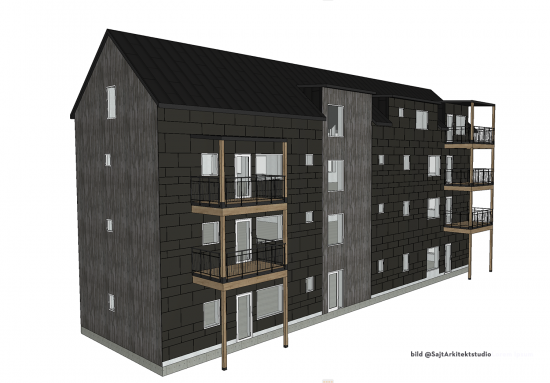 Modellbild pågående projektering med designverktyget Smart Facade Tool i Archicad.