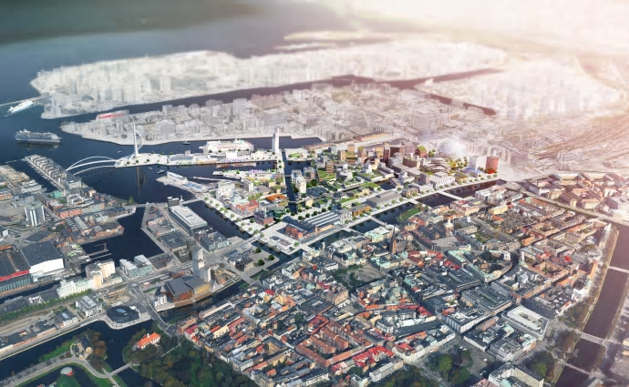 Flygvy över Nyhamnen i Malmö, visionsstudie av Sweco Architects - Bild: Jonas Johansson, Sweco Architects