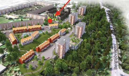 Så här kan området kring Merkuriusgatan komma att se ut. Pilen visar mötesplatsen.