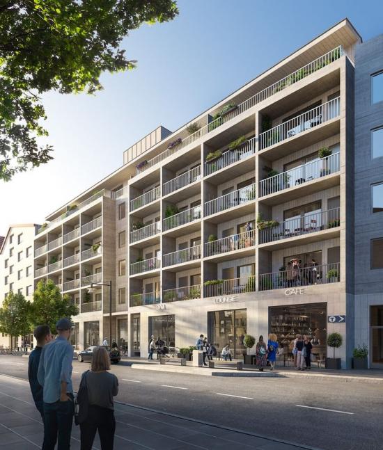 Brabos projekt SIX Barkarbystaden, vy från Barkarbyvägen.