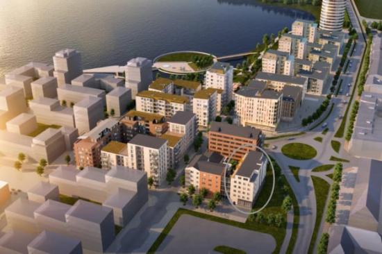 Den aktuella fastigheten (inringad) byggs just nu vid Torparondellen i stadsdelen Munksjöstaden i Jönköping.