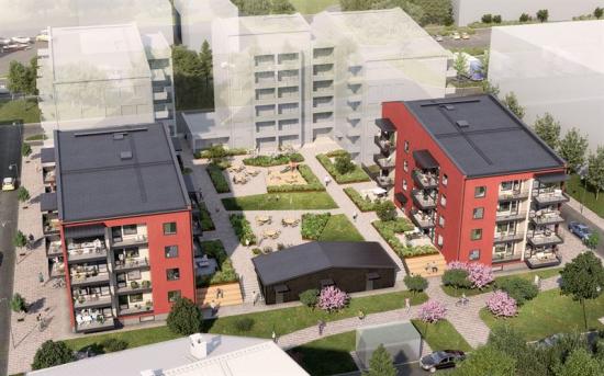 Visionbild över projektet Poseidon i Västerås, som säljs till Podium Fastigheter (de skuggade volymerna är hyresrätterna) (bilden är en illustration).