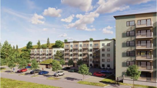 Det gamla kontors- och industriområdet Myren i Strömstad omvandlas till fem flerbostadshus med 256 hyreslägenheter i fyra till sju våningar (bilden är en illustration).