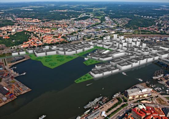 Tidig volymstudie av Frihamnens nya stadsdel. Fotomontage: Göteborgs stadsbyggnadskontor