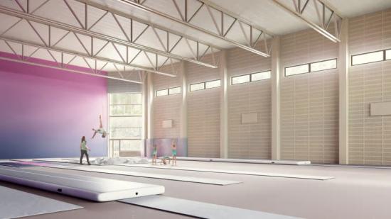 Sjövalla FK Trampolin och Pixbo Gymnastikförening kommer bruka den nya idrottsanläggningen. Det finns höga krav på säkerhet och takhöjd – medlemmarna hoppar nästan 10 meter upp i luften (bilden är en illustration).