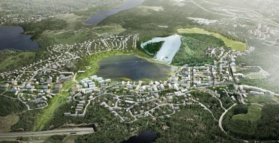 Visionsbild över Väsjön. Väsjö torg är kvarteren alldeles intill skidbacken.