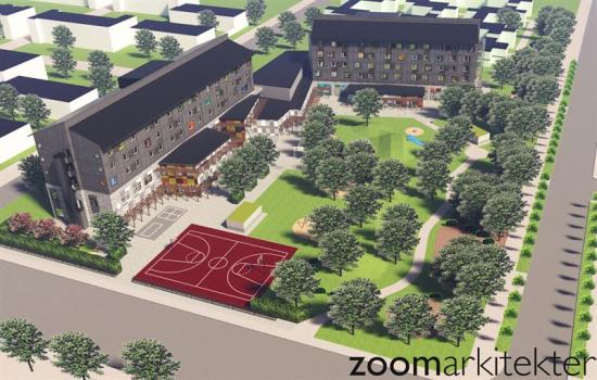 Illustration av AF Bostäders nybyggnadsprojekt och Lunds kommuns skola Sagoeken
