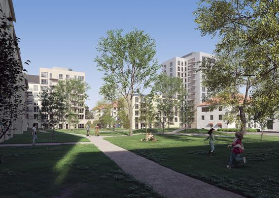 Ca 70 bostadsrätter kan bli möjliga i &Ouml;stermalms Park (här illustrerat av det högre huset till höger i bilden).