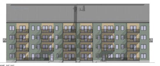 Arkitektbild över projektet, som visar fasaden från norra sidan.