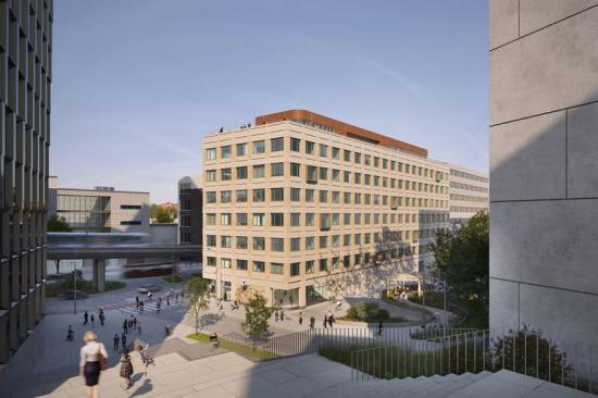 Visionsbild över kontorsfastigheten Sthlm 02 i Hammarby Sjöstad, som även kommr ge plats för café och en ny en tunnelbaneuppgång (bilden är en illustration).