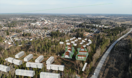 Vybild över Bergtorp med inklippta hus (bilden är ett kollage).
