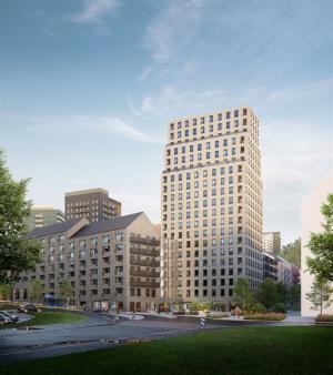 Mitt i hjärtat av Kallebäcks Terrasser påbörjas nu arbetet med kvarter 6, Torget, som blir områdets mest centrala kvarter med cirka 300 lägenheter och fina lokaler i entrévåningarna (bilden är en illustration).