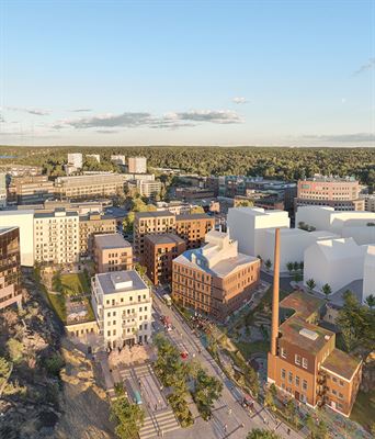 Visionsbild med Nobelbergets första bostadskvarter till vänster, Panncentralen förskola med skorstenen och Formalinfabriken i mitten.