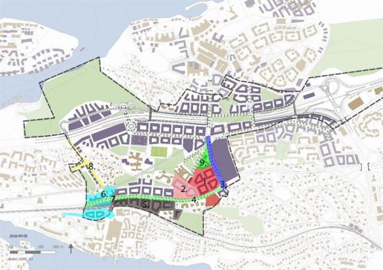 Karta över centrala Nacka med delprojekten i uppdraget markerade.