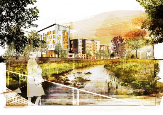 Visionsbild över &Aring;parken vid Bromstensstaden.