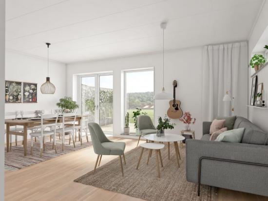 3D-bild av kök i Brf Rydsgårds &Auml;ngar.