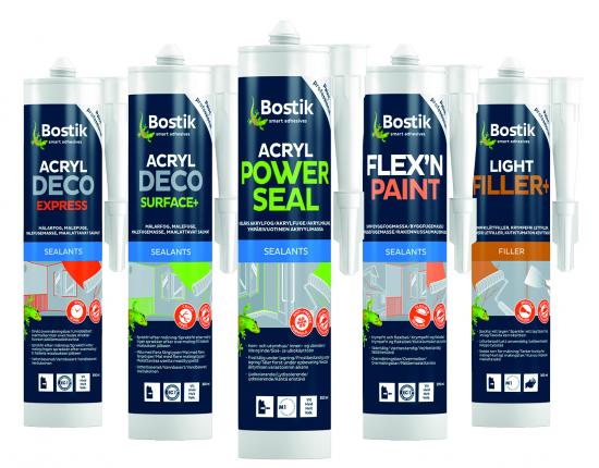 Den nya serien fogmassor från Bostik består av Acryl Deco Express, Acryl Deco Surface+, Acryl Power Seal, Flex’N’ Paint och Light Filler+.