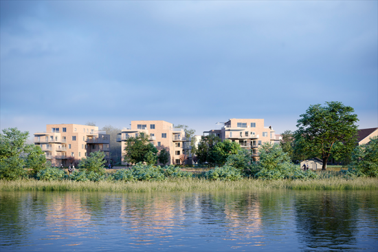 Bostäderna fördelas i tre hus med fyra våningar och en femte indragen takvåning (bilden är en illustration).