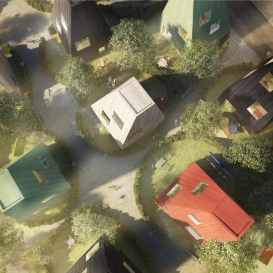 Visionsbild av Townhouse, en del av trästaden Wendelstrand (bilden är en illustration).