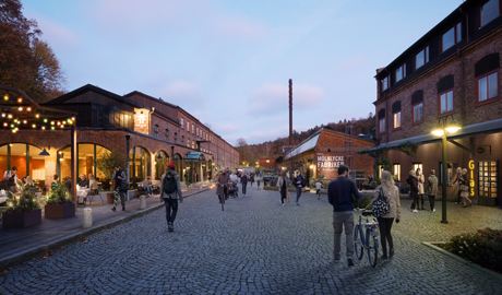 Idéskiss för Bruksgatan i Mölnlycke Fabriker, huvudgatan i det kommande området.