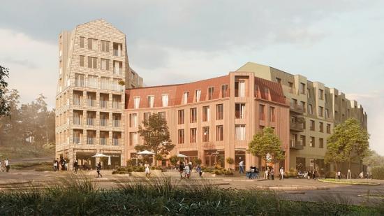 Gatuvy från rondellen - Skogskullen, Stadsskogen i Alingsås (bilden är en illustration).