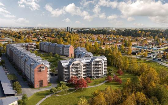 Visionsbild över det nya bostadsområdet som ska byggas i Rödängs trädgårdar i Umeå (bilden är en illustration).