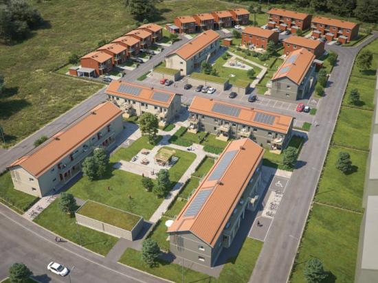 &Ouml;versiktsillustration av det nya BoKlok-kvarteret på Telestadshöjden i Växjö.