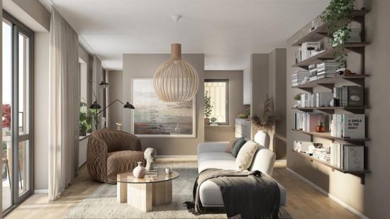 Visionsbild över ett annat vardagsrum i bostadskvarteret Haga Boulevard (bilden är en illustration).