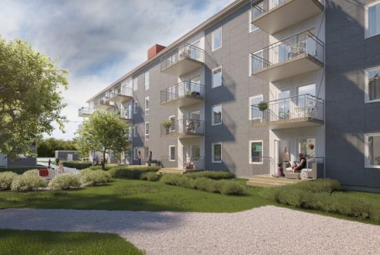Illustration över gårdssida med balkong/altan, med gemensamma grönytor.