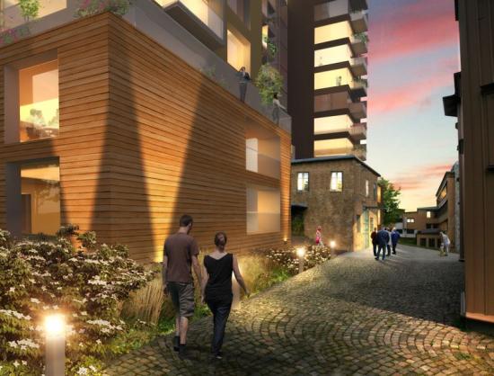 En gatuvy från det som kan bli Peab Bostads nästa större bostadsprojekt på Lindholmen. Den befintliga mindre byggnaden bevaras och får sällskap av två högre punkthus med ca 100 mindre lägenheter.