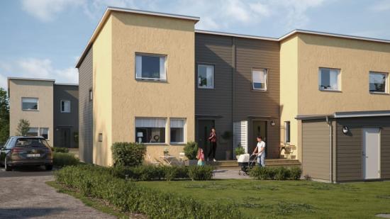 Illustration av entrésida ned uppfart och farstukvist, BoKlok Magasinet i Hässleholm.