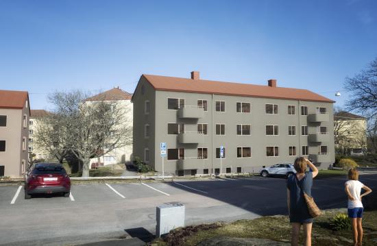 Bild på hur husen på Märlspiksgatan kommer se ut efter renovering (bilden är en illustration).