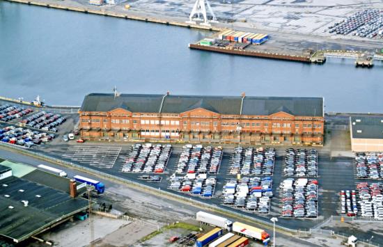 Magasin M1 i Nyhamnen Malmö sett från södra sidan, flygvy.