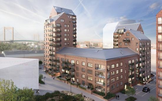 Ovanligt stora fönsterpartier med rak sättning i en klassisk tegelfasad förstärker den industriella karaktären på tidigare Fixfabrikens område (bilden är en illustration).